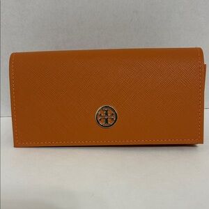 Tory Burch Orange Textured Leather Eyeglass Case with Logo Medallion